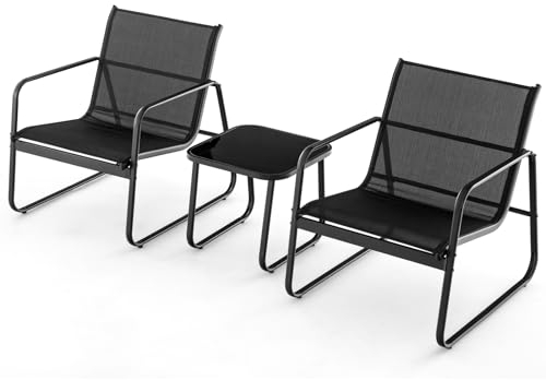 GOPLUS Salon de Jardin 2 Personnes,3Pcs Table Basse avec 2 Fauteuils Jardin,Salon de Bistrot avec Cadre Métallique, pour Jardin, Balcon, Piscine (Noir)