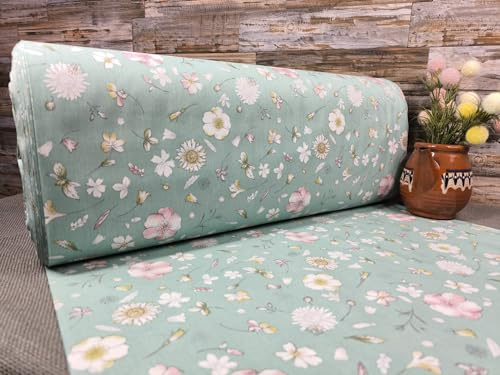 240cm Breit Meterware ab 50cm Popeline Baumwolle Stoff Baumwollstoff Kinderstoffe Stoffe Blumen Babystoffe Ranforce Blumenwiese Bastelstoff ÖKO-TEX VP0B053 (Mint)