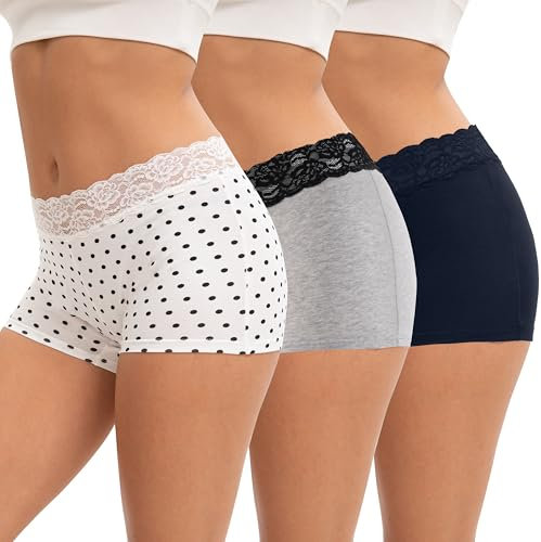 INNERSY Boxer pour Femme Taille Basse Boyshort Coton Extensible Dentelle Shorty sous Robe Lot de 3 (M, Gris/Bleu Marine/Point)