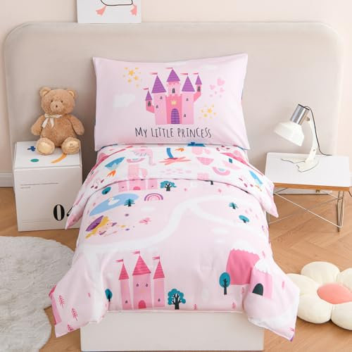 STYHO Pink Duvet Cover for Cot Bed Princess Castle Printed Toddler Duvet Cover Set Soft Reversible Girls Children Dinosaur Bedding Set with Pillowcase(Castle, Cot Bed)