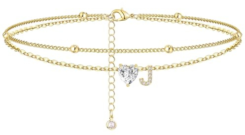 MYYOII Fußkettchen für Damen, wasserdicht, 14 Karat Goldfüllung, handgefertigt, zierlich, geschichtet, Herzform, Zirkonia, Initiale, Fußkettchen, verstellbares Knöchelarmband, Sommer, Strand, Schmuck