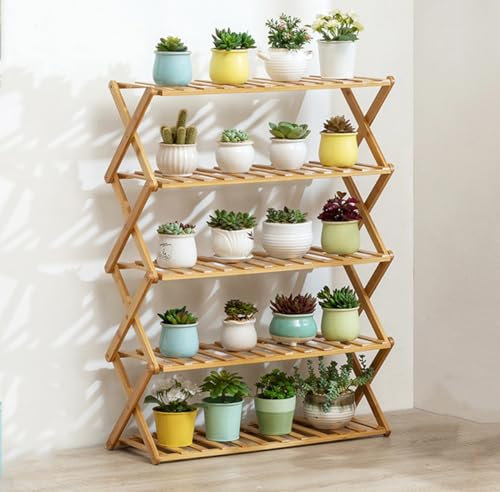 Dcbdx Flower Pot Storage Rack Organizer Foldable, 3/4/5/6 Tier Bamboo Plant Stand, Display Stand Space Saver Shelves for Bedroom, Kitchen, Balcony,Wood,5 Tier 70cm