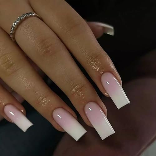 24 Stück Lange künstliche Nägel zum Aufkleben - Falsche Nägel mit Nagelkleber - Fake Nails Pastellfarben mit Gradient-Effekt, Rechteckige Schmucknägel für Frauen Maniküre (Pink Farbverlauf)