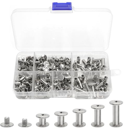 lyualma 160 Pièces Sets Chicago Reliure Vis Screws Rivet à Bouton Rivets de Reliure à Tête Plate, Kits de Vis de Reliure Fer pour Bricolage Cuir Ceinture en Cuir