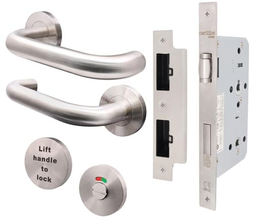 EAI Lift to Lock Return to Door Lever Handle Set with DIN Lock (72mm C/C - Backset 60mm) for Bathroom/Toilet Cubicle Toilet Doors | Satin Stainless | Suitable on 60 Minute Fire Doors