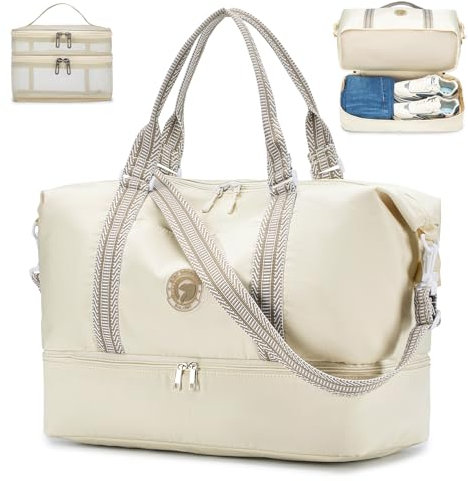 SPAHER Reisetasche Damen Herren Sporttasche Handgepäck Tasche 45x36x20cm Easyjet Cabin Bag Handtaschen Organizer Faltbare Travel Duffle Bag Fitnesstasche 32L Weekender Bag Mit Schuhfach Beige