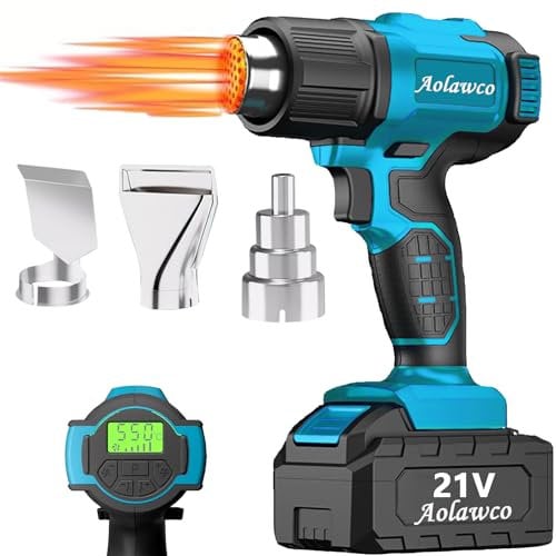 Aolawco Décapeur thermique sans fil pour batterie professionnelle 18-21 V, sans batterie, avec réglage de la quantité d'air à 2 niveaux, température jusqu'à 550 °C et 3 buses pour souder, plier des