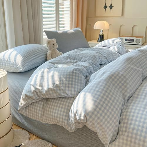 Bettwäsche 140x200 Kariert Blau Weiß Modern Bettbezug mit Kissenbezug 70x90 | Bettwäsche Set 2 Teilig, Landhausstil Karo Geometrisch, Karomuster, Gitter, Mädchen, Aesthetic, Microfaser, Reißverschluss