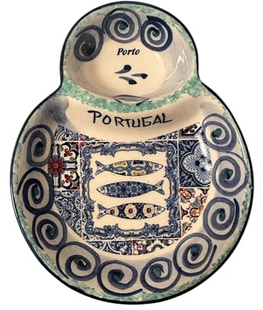 Portugal - Bandeja de cerámica pintada a mano con aceitunas, bandeja de cerámica para aceitunas, salsas, ensalada, hermoso regalo turístico de Portugal (3 sardinas en azul)