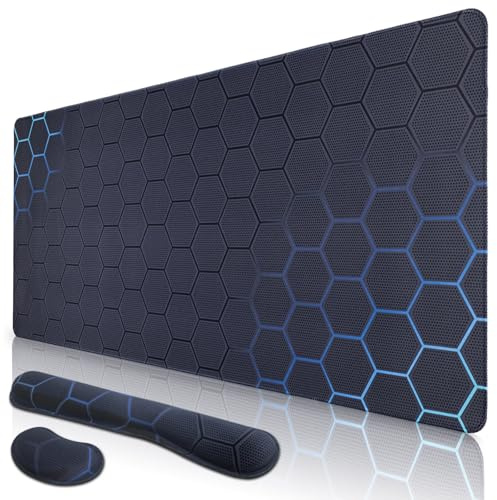 Niviy Tapis de Souris XXL 900X400mm Bleu Cyan avec 2 Repose Poignets | Mouse Pad Gaming Ergonomique Base en Caoutchouc Antidérapante sous Main Bureau avec Bords Cousus 3mm