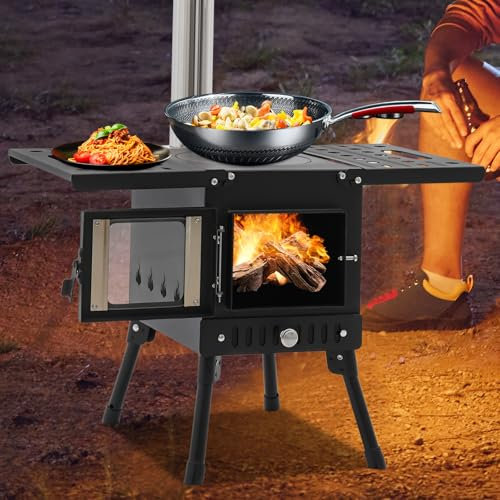 Estufa de madera para camping, 36 – 56 cm, altura regulable, estufa de jardín portátil con tubos de chimenea y guantes, horno de tienda de campaña para exteriores para cocinar y calentar al aire libre