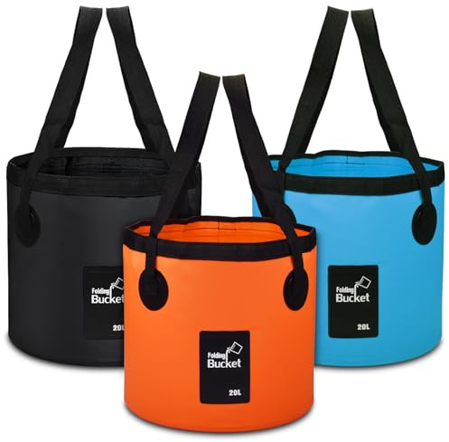 3 Pack Handy Folding Bucket 20L, Portable Foldable Bucket for Plumbing, Camping, Cleaning, Traveling, Hiking, Fishing (Orange + Black + Blue)
