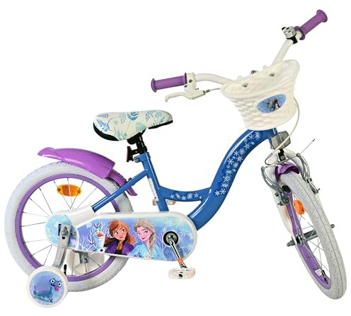 Volare Disney Frozen Kinderfahrrad blau 16 Zoll | 4–6 Jahre | Hand- & Rücktrittbremse | Stützräder | Kettenschutz | Frontkorb | Geschenk für Mädchen