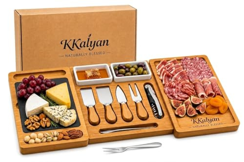 KKALYAN Planche Apero xxl Extensible en Bambou – Plateau Apéritif Dinatoire 6 à 8 Personnes avec Accessoires