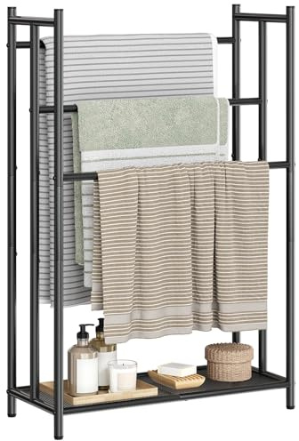 HOOBRO Porte-Serviettes sur Pied Autoportant, Étagère de Rangement à 3 Niveaux en Forme d’Échelle, Grille Inférieure et Pieds Réglables, pour Salle de Bain, Chambre, Salon, Noir EBK09LB01