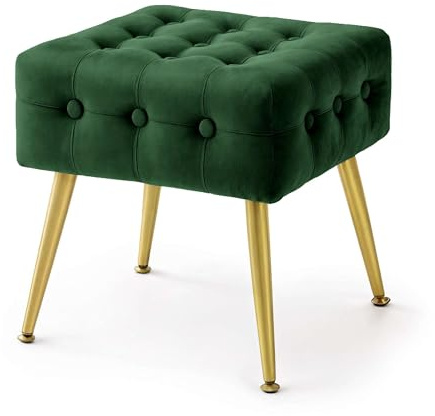 AKORD Tabouret Rembourré en Velours QUADRA 40 cm, Carré Ottoman Piètement Métal Doré, Repose-Pieds, 40 x 42 x 40 cm, pour Entrée Salon Chambre à Coucher, Coiffeuse, Vert Bouteille