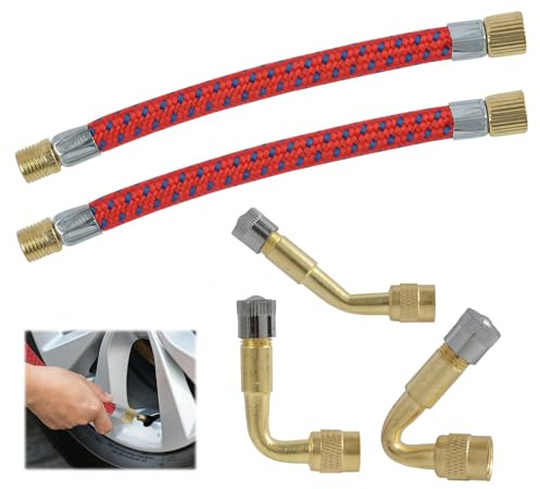FunWorth 5 Pcs Tyre Valve Extension Set, Brass Valve Stem Extensions | 5 pcs: 1x 45/90/135° brass extensions, 2x 110mm rubber extenders. Caps. -20 to 120C. Car, bike, truck, motorhome