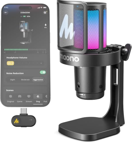 MAONO DGM20W Gaming micrófono Inalámbrico para PC, Micrófono USB y 2,4 GHz para Streaming con RGB, Cancelación de Ruido, Software, Tap-to-Mute y Monitorización en Tiempo Real para Twitch y Discord