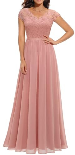 Onsoyours Robe de Soirée Femme Longue Col-V Manches Courtes Robe en Dentelle Mousseline e Cocktail Robes Chic Elégant
