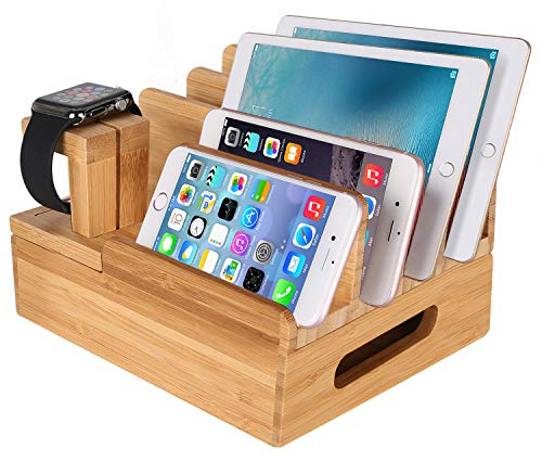 MOZOWO Bamboo Wood Multi-Device Desktop Charging Docking Station Charger Holder Cradle Stand Compatible iPhone 11 Pro Max XS XR X 8 7 Plus Apple Watch 2 3 4 5 iWatch iPad Mini Air Smartphones Tablets