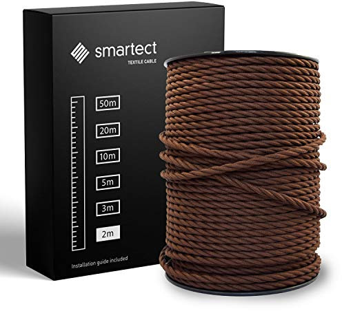 smartect Cable Textil Trenzado en Color Marrón, Cable Electrico 3 Hilos de 2 Metros (3 x 0,75 mm²) Cuerda para Lampara con Revestimiento Textil para su Proyecto DIY