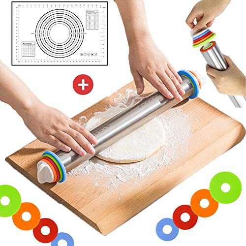 COFOND Stainless Steel Rolling Pin, Adjustable Thickness Rings, Silicone Baking Mat, 17 inch Large Heavy Duty Roller for Baking Dough, Pizza, Pie, Pastries, Pasta