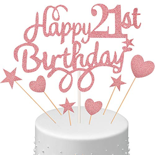 21st Birthday Cake Topper Set, Happy 21st Birthday Cake Topper with Heart Star Cupcake Topper Picks Glitter CupCake Decoration for Party Supplies, Rose Gold