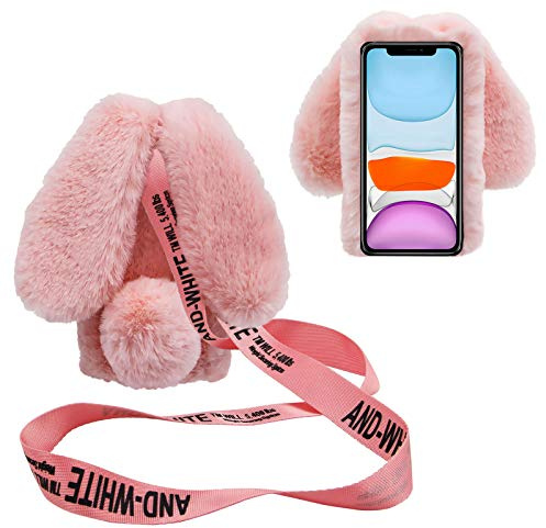 DasKAn Kompatibel für iPod Touch 5/6 / 7 Plüsch Hülle mit Handykette, 3D Hasenohren Design Handmade Glänzend Diamant Winter Warm Weich Kaninchen Flauschig Fell Schutzhülle, Hell Pink