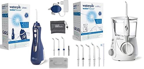 Waterpik Cordless Advanced Waterflosser, kabellose Munddusche mit 4 Aufsätzen, Blau (WP-563EU) & Ultra Professional Waterflosser feststehende Munddusche mit 7 Aufsätzen, Weiß (WP-660EU)