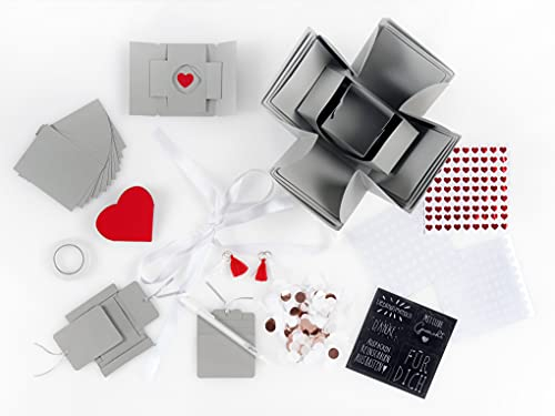 Loveria Geschenkbox Grau zum Selbstgestalten | individuelle DIY Überraschungsbox, 17 Teile | Satin, Geschenkband, Schreiber und mehr | 12x12x12cm