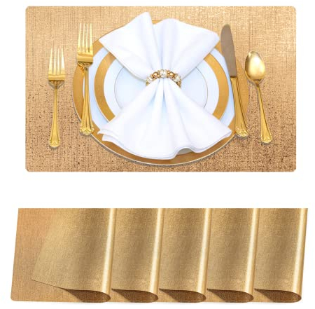 Platzset Abwaschbar 6er Set Tischset Rund Beidseitig Gold PVC Grifffeste Hitzebeständig Tischsets Abwischbar Tischuntersetzer für Küche Restaurant Hotel (Gold)