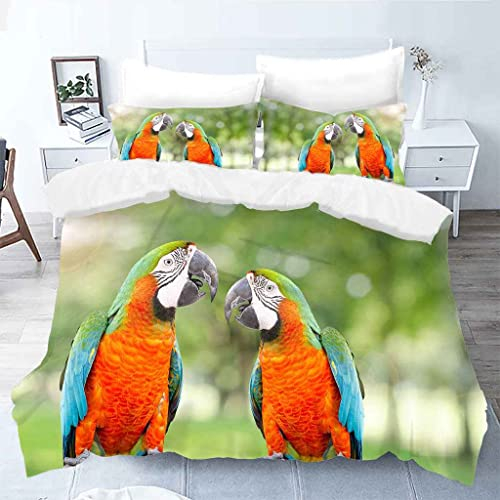 MUCXBE Kinder Bettwäsche 3 Teilig 135x200cm Mikrofaser Kinder Baby Bettbezug Set 3D Druck Orange Papageientier Weiche Gemütlich Flauschige Bettbezüge Mit Reißverschluss Und 2 Kissenbezu