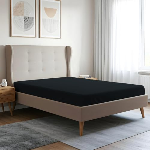 Pizuna Spannbettlaken 150x200 160x200cm Baumwolle Schwarz 400 Fadenzahl | 100% langes nur Baumwoll-Spannbetttuch, weiches Mako-Satin-Gewebe für bis zu 40 Matratzenhöhe