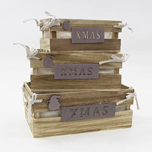 Decor Essentials Christmas Wooden Crates Set of 3 Retail Display Storage Box Gift Hamper Eve Box Xmas Home Decor (Xmas Lined Natural/Grey)