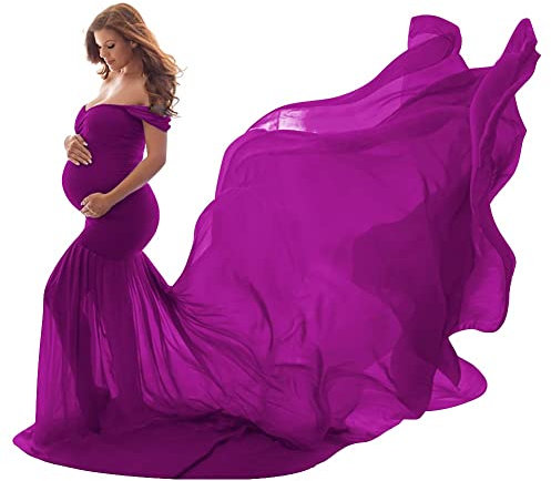 shownicer Robes Enceintes Maternité Photographie Robe Sexy Longue Jupe en Mousseline de Soie Fente Avant pour Souvenirs Photographie A Violet Taille Unique
