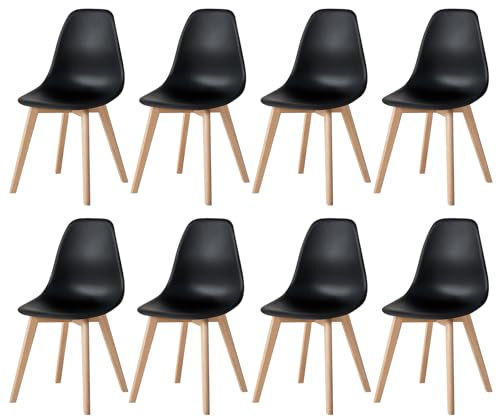 EGOONM 8er Set Skandinavisches Esszimmerstühle, Esstischstühle aus Kunststoff mit Holzbeinen (Schwarz)