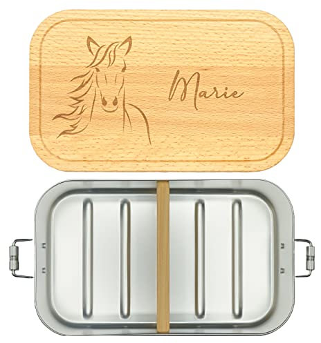 Brotdose Edelstahl mit Fächern für Mädchen und Jungen - Personalisierte Pferde-Lunchbox für Schule und Freizeit mit individuellem Namen - Jausenbox mit süßem Pferdemotiv (1100 ml + 1 Trennwand)