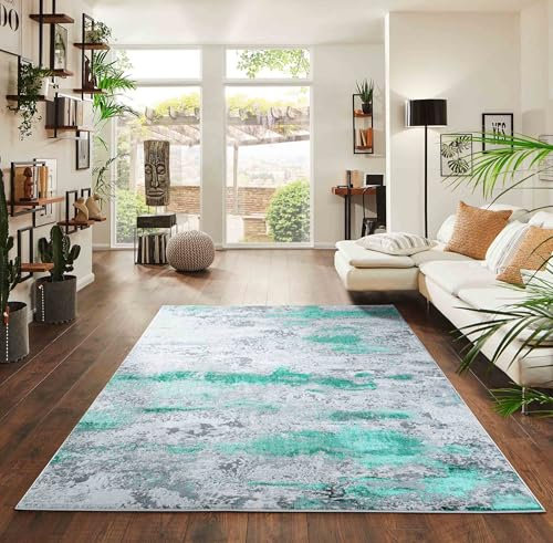 Emperor Metallic Abstract Modern Living Room Area Rug, Aqua, 160x230cm