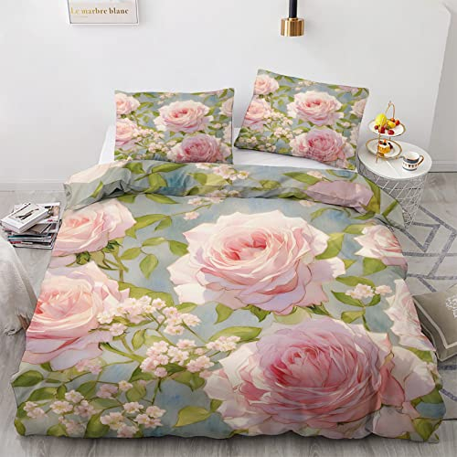 GEDAEUBA Rosenmuster Bettwäsche 135x200 Sommer - Blumen Bettbezug 135 x 200 2er Set, Wendebettwäsche und Kissenbezug 80x80, Weiche & Atmungsaktive Mikrofaser Bettwäsche-Sets mit Reißverschluss