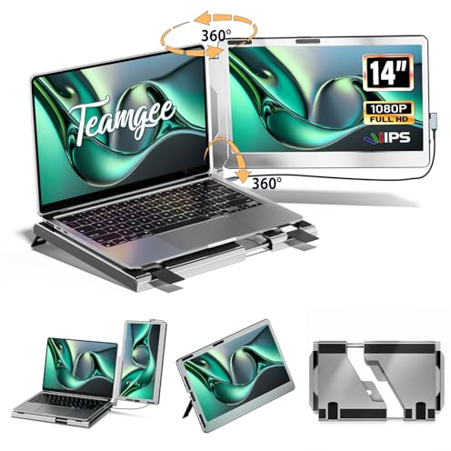 Teamgee Portable Monitor 14'', 360° Rotatable Laptop Screen with FHD 1080P IPS Display, Dual Monitor fits all Laptop Macbook Windows Chrome, PC, HDMI/USB