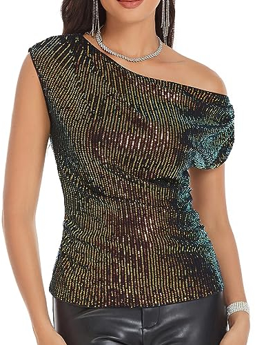 GRACE KARIN Damen Glitzer Pailletten Schmal Oberteil Schrägkragen Party Blusen Festliche Tops für Hochzeit, Farbe: Schwarz Bunt, Größe: XXL