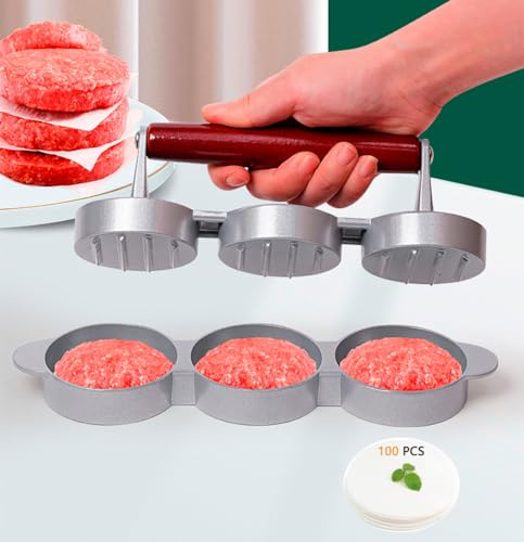 Volicrt Burgerpresse mit 100 Patty Papers Set, Hamburgerpresse Patty Maker, antihaftbeschichtete Hamburgerpresse, Patty Maker Form, Fleisch, Rindfleisch, Käse, Gemüse, Burger Maker für Grill