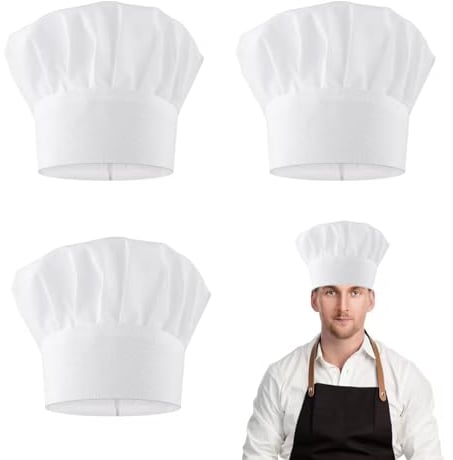 Yuqilin 3 Stück Kochmütze, Unisex Kochhut, Verstellbar Koch Mütze, Kochhut aus Baumwolle, Hohe 22 cm Kochmützen, Atmungsaktiv Koch Hut, zur Restaurant Kochen BBQ Backen(Weiß