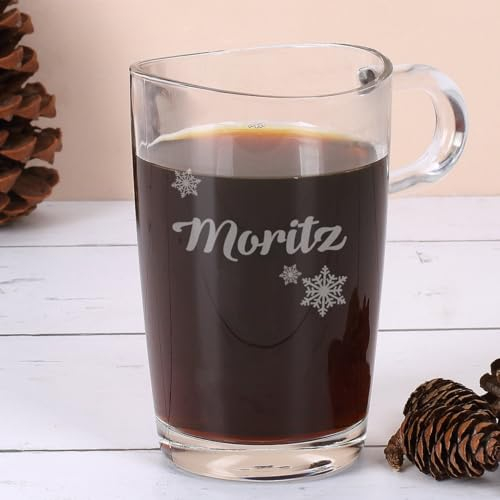 Herz & Heim® Leonardo Loop Glastasse mit Gravur des Wunschnamens für Kaffeegenießer (Eiskristall)