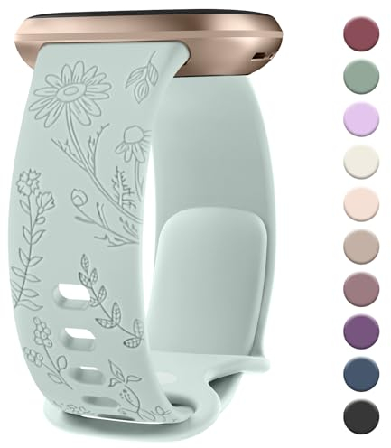 Vancle für Fitbit Versa 3 Armband/Fitbit Versa 4 Armband/Fitbit Sense Armband/Fitbit Sense 2 für Damen Herren, Silikon Armbänder Floral Gravierte Uhrenarmband Sport Ersatzarmband, Hellgrün