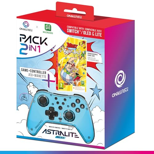 Oniverse Pack 2 en 1 Manette Switch + Jeu Asterix & Obelix BLT (Code téléchargement), manette sans fil Switch OLED Lite, Vibrations réglables, mode Turbo, Astralite (Rigel Blue/Bleu)
