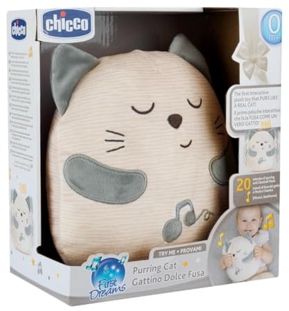 Chicco, Schnurrende Katze, Interaktives Plüschtier, Imitiert den Klang und die Vibrationen einer Schnurrenden Katze, Klassische Musik, Weiches Kissen, Waschmaschinenfest, Babyspielzeug ab 0 Monaten