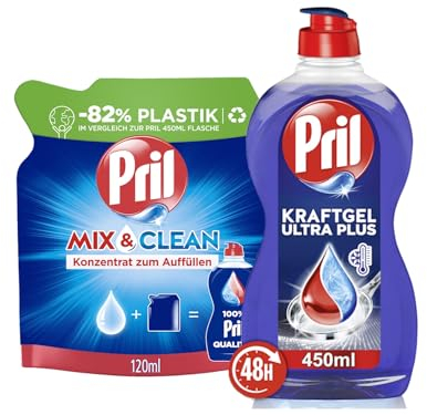 PRIL-Set 1x Original Konzentrat Mix & Clean Original (1x 120ml) & 1x Kraftgel Ultra Plus (1x 450ml), Handgeschirrspülmittel-Set mit höchster Fettlösekraft, für sauberes Geschirr