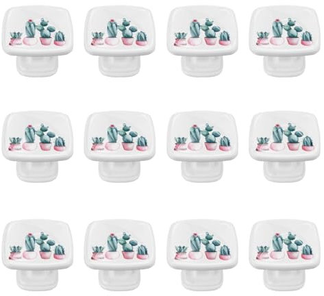 Lot de 12 poignées de tiroir carrées avec vis Cactus dans un pot rose