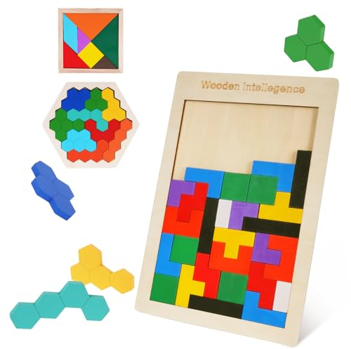 Ainiv Puzzle-Brett Spiel für Kinder, Bausteinpuzzle, 3 in 1 Tangram Holzpuzzle, Montessori Spielzeug, Fördert räumliche Vorstellungskraft und logisches Denken, Geschenk für Jungen und Mädchen